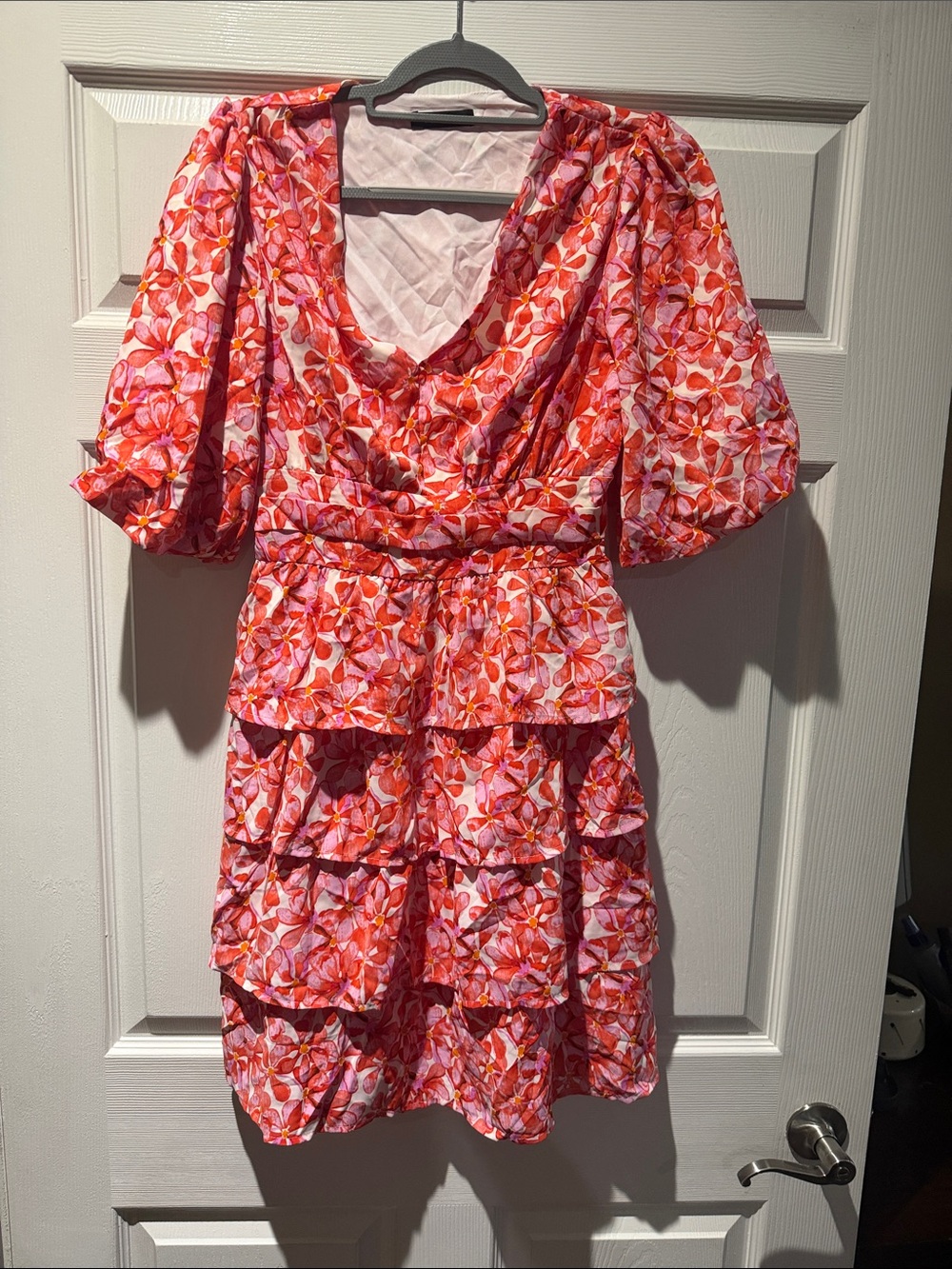 Flutter Sleeve Tiered Mini Dress in Pink and Red